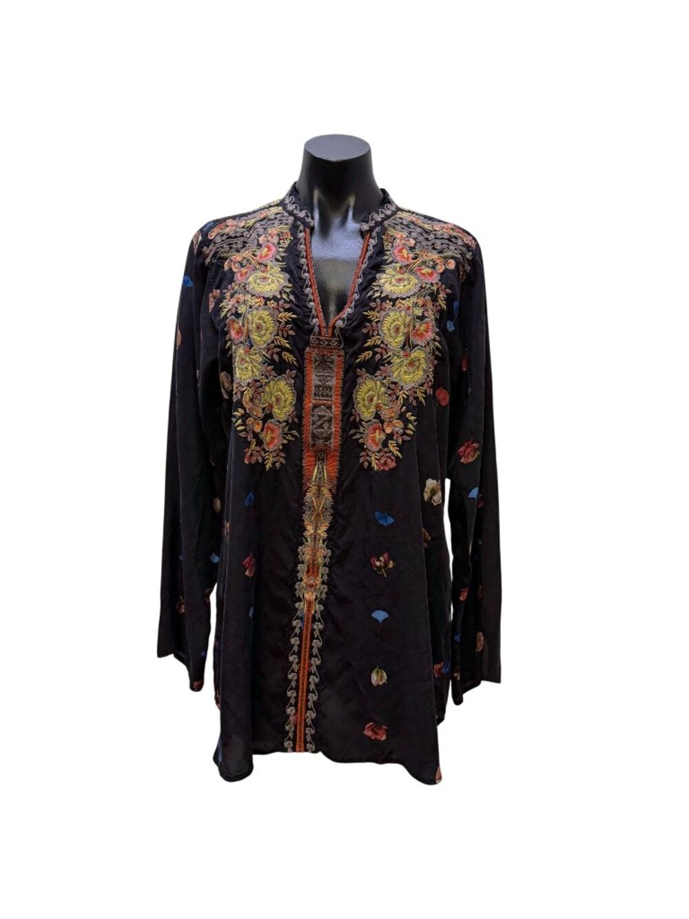 Johnny Was Biya Black Multi Embroidered Floral Blouse Long Sleeve L
